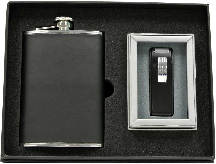 Visol Ano Black Leather 8oz Flask & Lighter Gift Set