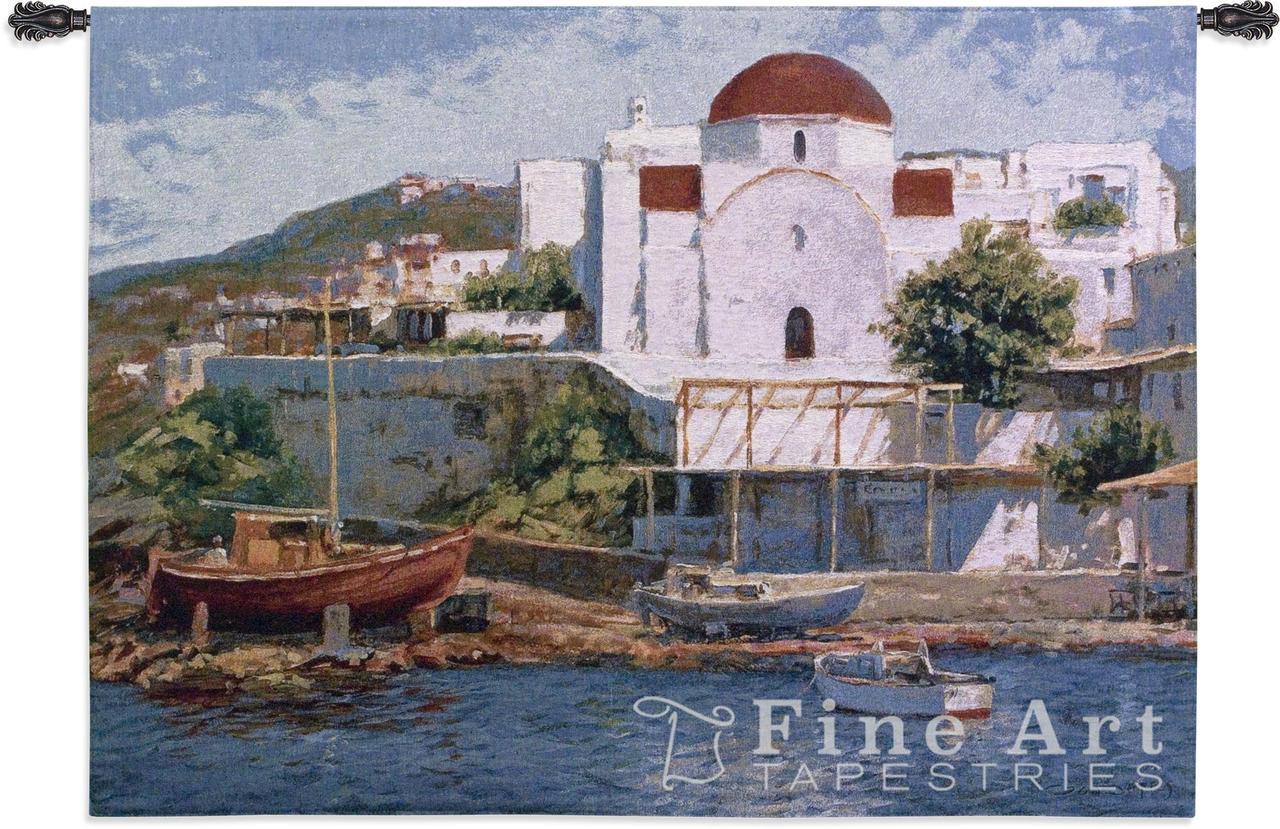 Mykonos II Nautical Tapestry Wall Hanging Greek Waterfront Scene, H40