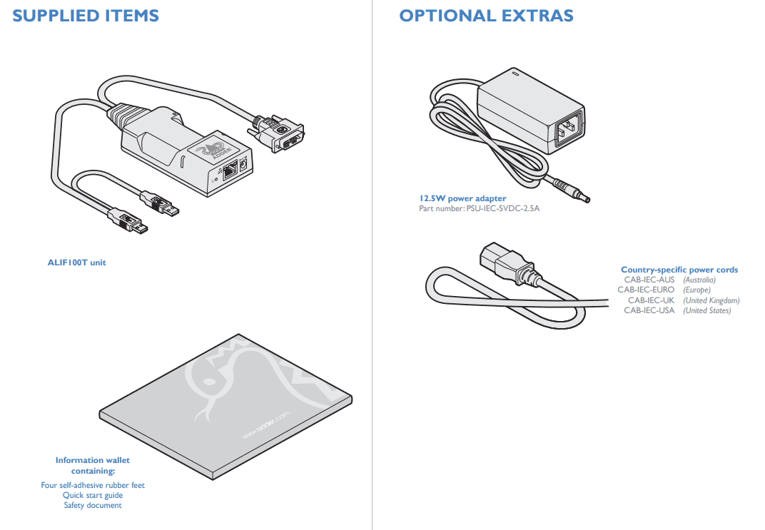 Adder ALIF100T-VGA Package Contents