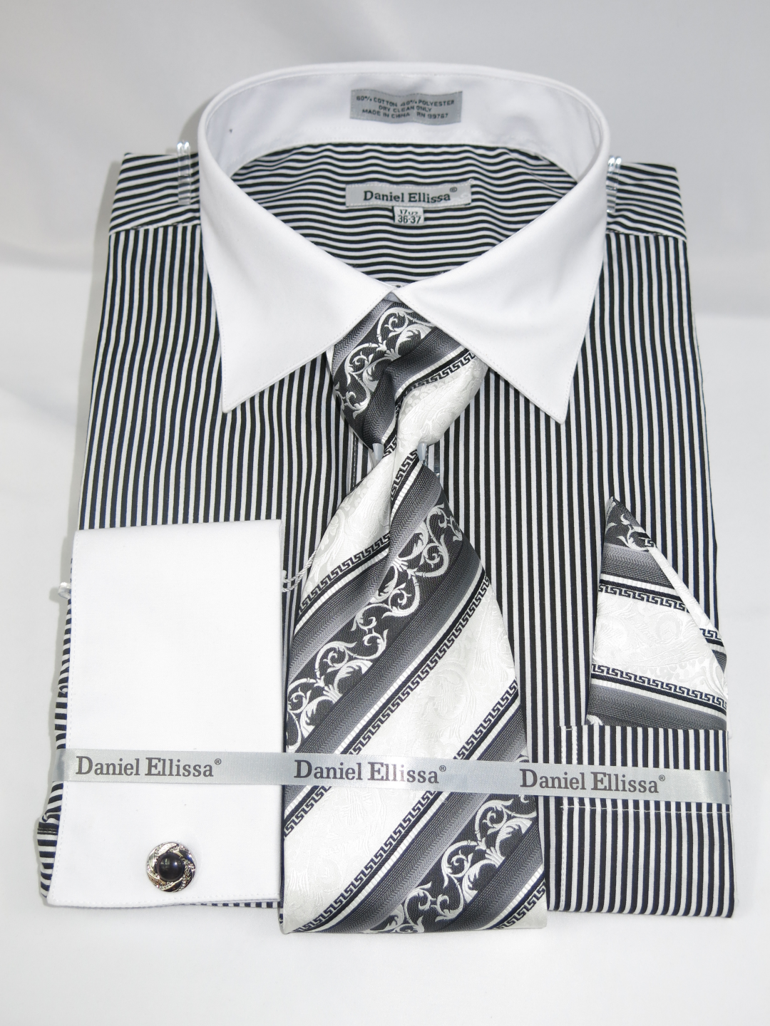 Daniel Ellissa Ds3775 Black Men's French Cuff Dress Shirt Bold Pin Stripe  Pattern with White Collar and White French Cuff Shirt (60% Cotton 40% Poly)  with matching cuff links just $44.99 at BerganBrothersSuits.com