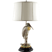 NATURALISTIC PORCELAIN AND BRASS EGRET BIRD LAMP figurine