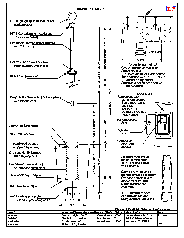 30 FT ECXV30 Vanguard Commercial Flagpole Satin Finish Internal Halyard Revolving Truck (max