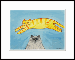 the great leap WHIMSICAL COLORFUL CATS CAT BY DREW STROUBLE WATERCOLOR PAINTING original the great leap WHIMSICAL COLORFUL CATS CAT BY DREW STROUBLE WATERCOLOR PAINTING original