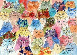 Take Your Pick Card. Hand mounted Art Card of an original Drew Strouble cat art watercolor painting of many multi-colored whimsical cat faces in rainbow hues.