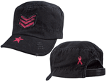 WOMENS VINTAGE BLACK ADJUSTABLE FATIGUE CAP W/PINK STRIPES & ''BREAST CANCER'' RIBBON WOMENS VINTAGE BLACK ADJUSTABLE FATIGUE CAP W/PINK STRIPES & ''BREAST CANCER'' RIBBON