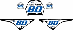 Yamaha PW80 Pre-Printed White Background - Black Shock Series - Blue Number by Factory Ride Yamaha PW80 Pre-Printed White Background - Black Shock Series - Blue Number by Factory Ride