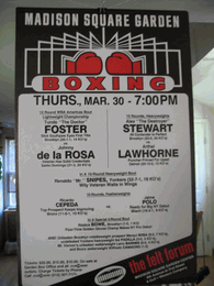 1989 ALEX STEWART vs ARTHEL LAWHORNE, TUNDE FOSTER vs JOHNNY DE LA ROSA, RENALDO SNIPES Boxing Poster FELT FORUM, NEW YORK 1989 ALEX STEWART vs ARTHEL LAWHORNE, TUNDE FOSTER vs JOHNNY DE LA ROSA, RENALDO SNIPES Boxing Poster FELT FORUM, NEW YORK