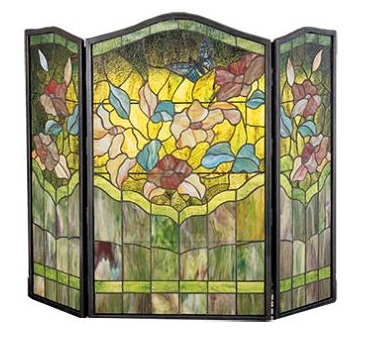 Butterfly in Flowers Stained Glass Fireplace Screen