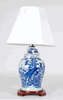 BLUE AND WHITE CHINESE ORIENTAL PORCELAIN TEMPLE JAR LAMP WITH BIRDS BLUE AND WHITE CHINESE ORIENTAL PORCELAIN TEMPLE JAR LAMP WITH BIRDS