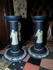 ANTIQUE WEDGWOOD DARK BLUE JASPERWARE CANDLESTICKS JASPER WARE ANTIQUE WEDGWOOD DARK BLUE JASPERWARE CANDLESTICKS JASPER WARE