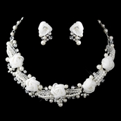 Silver Ivory Pearl, Rhinestone & Swarovski Crystal Necklace & Earrings Flower Jewelry Set 9613 Silver Ivory Pearl, Rhinestone & Swarovski Crystal Necklace & Earrings Flower Jewelry Set 9613