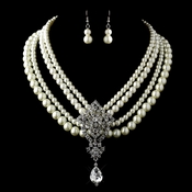 Antique Silver Ivory Pearl & Rhinestone Necklace & Earrings Jewelry Set 13178 Antique Silver Ivory Pearl & Rhinestone Necklace & Earrings Jewelry Set 13178