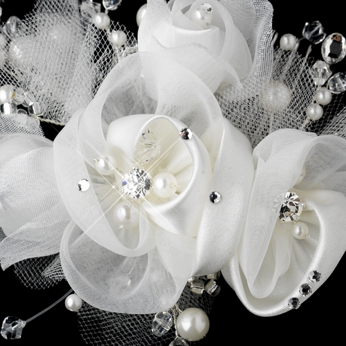 Diamond White Pearl, Swarovski Crystal Bead, Rhinestone & Chiffon Satin Mesh Sheer Organza Fabric Flower Hair Comb 9719 Diamond White Pearl, Swarovski Crystal Bead, Rhinestone & Chiffon Satin Mesh Sheer Organza Fabric Flower Hair Comb 9719