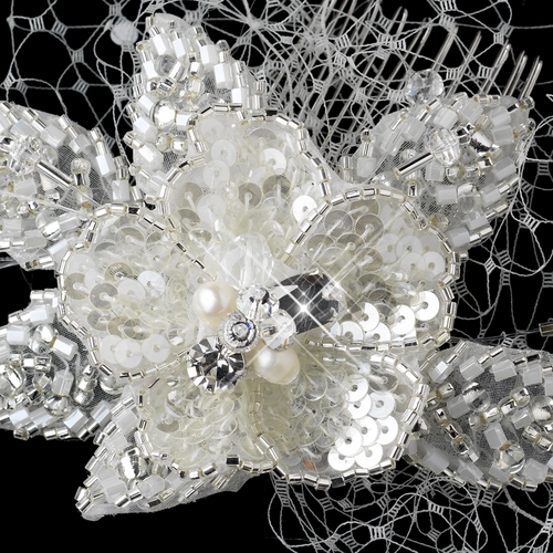 Freshwater Pearl, Swarovski Crystal, Bead & Sequence Diamond White Flower Sheer Organza Fabric Hair Comb 9725 w/ Tulle Russian Veiling Freshwater Pearl, Swarovski Crystal, Bead & Sequence Diamond White Flower Sheer Organza Fabric Hair Comb 9725 w/ Tulle Russian Veiling