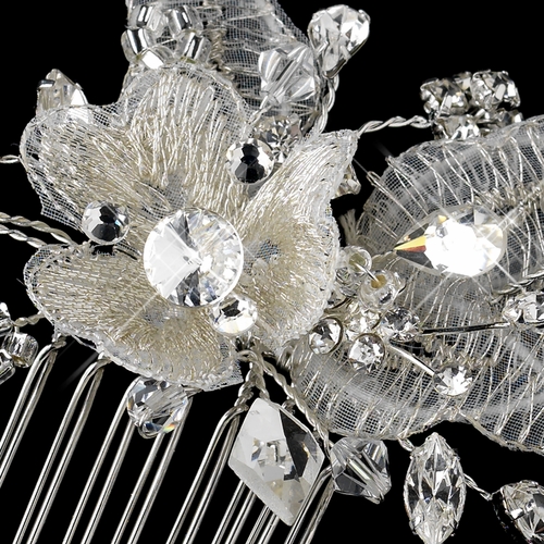 Silver Clear Swarovski Crystal, Bugle Bead & Rhinestone Diamond White Embroidered Fabric Flower Hair Comb 9728 Silver Clear Swarovski Crystal, Bugle Bead & Rhinestone Diamond White Embroidered Fabric Flower Hair Comb 9728