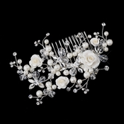 Silver Ivory Pearl, Austrian Crystal Bead and Rhinestone Rose Hair Comb 2882 Silver Ivory Pearl, Austrian Crystal Bead and Rhinestone Rose Hair Comb 2882