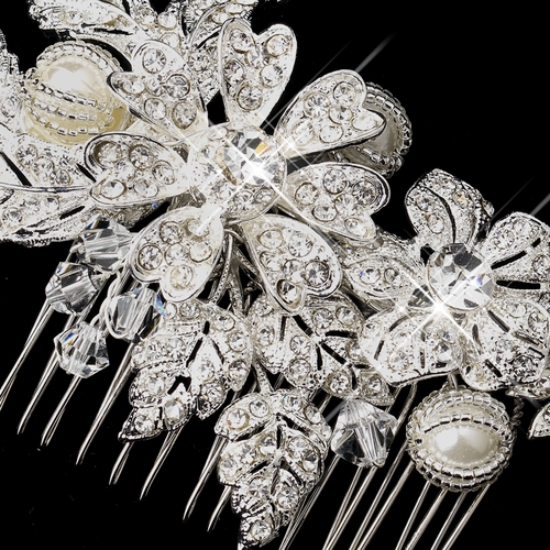 * Silver Rhinestone, Crystal & Ivory Pearl Comb 9914 * Silver Rhinestone, Crystal & Ivory Pearl Comb 9914