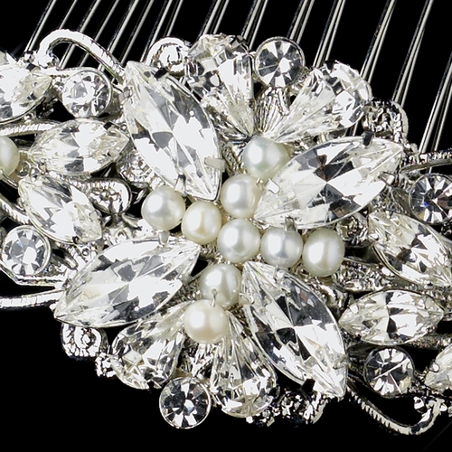Antique Silver Rhodium Clear Rhinestone & Ivory Pearl Floral Comb 654 Antique Silver Rhodium Clear Rhinestone & Ivory Pearl Floral Comb 654