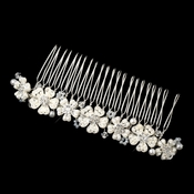 Silver White Pearl Rhinestone & Bugle Bead Floral Hair Comb 43 Silver White Pearl Rhinestone & Bugle Bead Floral Hair Comb 43