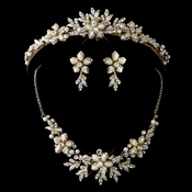 Gold Ivory Flower Accent and Pearl Matching Floral Tiara Necklace & Earrings Jewelry Set 8100 Gold Ivory Flower Accent and Pearl Matching Floral Tiara Necklace & Earrings Jewelry Set 8100