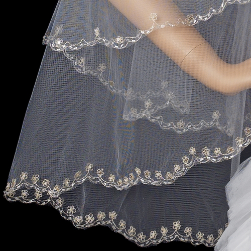 Double Layer Veil with Gold Embroidered Floral Pattern on Pearl & Bead Scolloped Edge V 1780 Double Layer Veil with Gold Embroidered Floral Pattern on Pearl & Bead Scolloped Edge V 1780