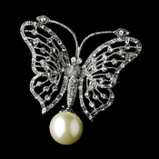 * Antique Silver Rhinestone Butterfly and Ivory Pearl Brooch 124 * Antique Silver Rhinestone Butterfly and Ivory Pearl Brooch 124