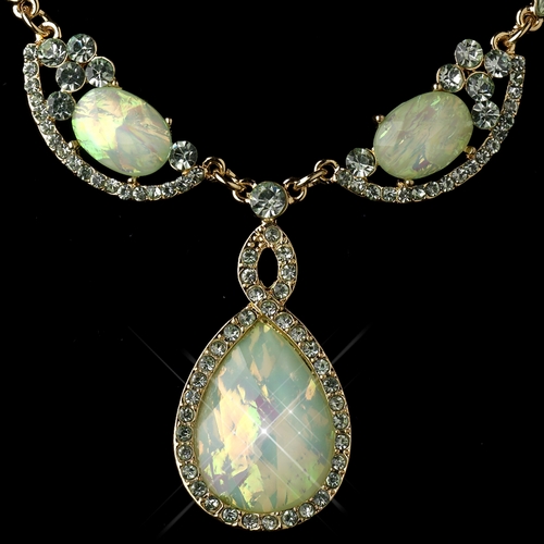 Gold Mint Green Opalescent Moonglass Necklace & Earrings Jewelry Set 8158 Gold Mint Green Opalescent Moonglass Necklace & Earrings Jewelry Set 8158