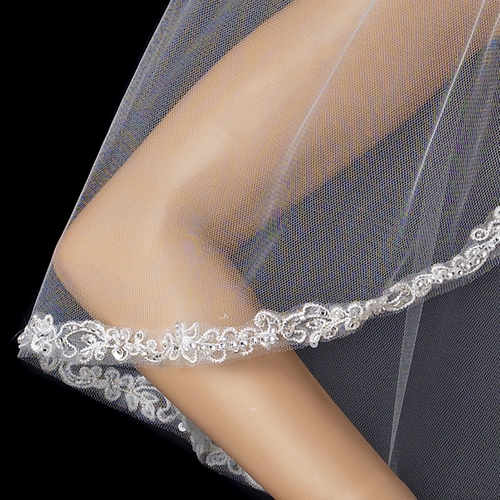 Single Layer Elbow Length Veil with Decadent Cut Edge of Embroidery & Accents V 1560 Single Layer Elbow Length Veil with Decadent Cut Edge of Embroidery & Accents V 1560