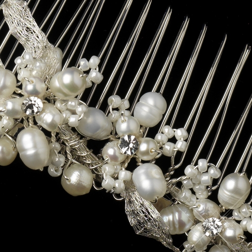 Silver Freshwater Pearl, Rhinestone & Bugle bead Hair Comb 44 Silver Freshwater Pearl, Rhinestone & Bugle bead Hair Comb 44