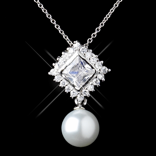 Sterling Silver CZ Crystal & White Pearl Square Necklace & Earrings Jewelry Set 9987 Sterling Silver CZ Crystal & White Pearl Square Necklace & Earrings Jewelry Set 9987