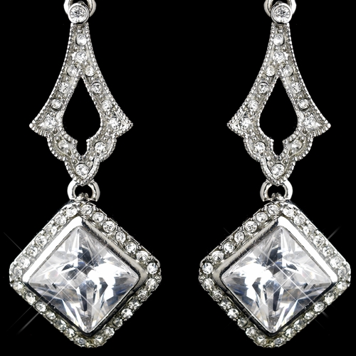 Antique Silver Clear CZ Crystal & Rhinestone Drop Earrings 0361 Antique Silver Clear CZ Crystal & Rhinestone Drop Earrings 0361