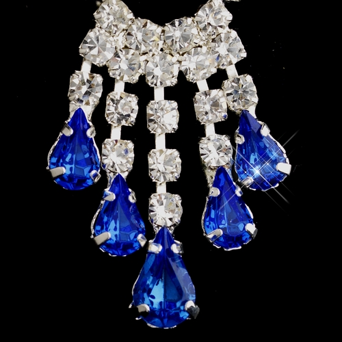 Silver Sapphire Teardrop & Clear Round Rhinestone Chandelier Earrings 2479 Silver Sapphire Teardrop & Clear Round Rhinestone Chandelier Earrings 2479