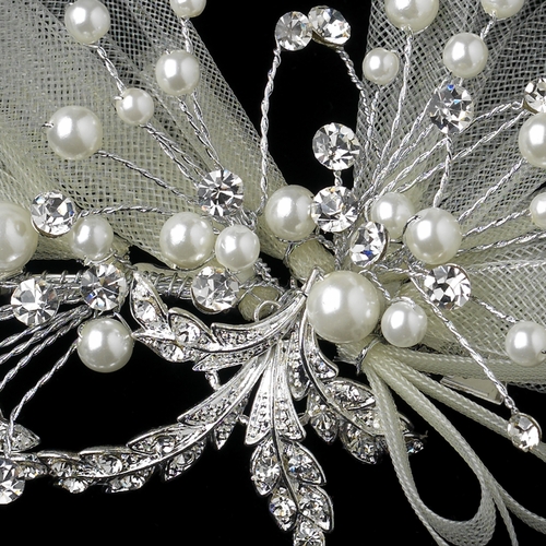 Silver Ivory Pearl, Rhinestone & Ribbon Design Hair Clip 9637 Silver Ivory Pearl, Rhinestone & Ribbon Design Hair Clip 9637