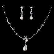Silver Clear CZ & Pearl Necklace & Earring Set 1294 Silver Clear CZ & Pearl Necklace & Earring Set 1294