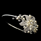 Silver Bridal Headband with Rhinestone & Ivory Pearl Side Accenting Flower 9618 Silver Bridal Headband with Rhinestone & Ivory Pearl Side Accenting Flower 9618