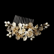 Precious Gold Flower Headpiece Comb w/ Ivory Pearls 8278 Precious Gold Flower Headpiece Comb w/ Ivory Pearls 8278