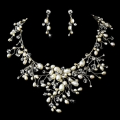 Dramatic Silver Clear Crystal & Ivory Freshwater Pearl Necklace & Earring Set 9784 Dramatic Silver Clear Crystal & Ivory Freshwater Pearl Necklace & Earring Set 9784