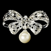 Silver Rhinestone & White Pearl Bow Bridal Brooch 3443 Silver Rhinestone & White Pearl Bow Bridal Brooch 3443