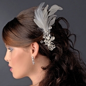 * Vintage Silver Clear Crystal Bridal Comb w/ White Feathers 9824 * Vintage Silver Clear Crystal Bridal Comb w/ White Feathers 9824