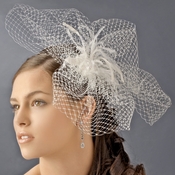 Feather Rhinestone Couture Fascinator & Birdcage Veil Comb 8415 Feather Rhinestone Couture Fascinator & Birdcage Veil Comb 8415