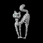 * Antique Silver Clear Rhinestone Cat w/ Green Eyes Brooch 101 * Antique Silver Clear Rhinestone Cat w/ Green Eyes Brooch 101