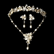 Freshwater Pearl & Crystal Gold Bridal Necklace Earring & Tiara Set HP 8147 Freshwater Pearl & Crystal Gold Bridal Necklace Earring & Tiara Set HP 8147