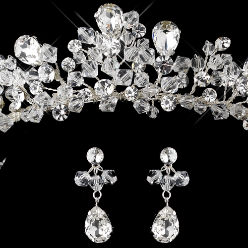 Silver Clear Swarovski Crystal Bead and Rhinestone Tiara Headpiece 9786 & Jewelry Set 9786 Silver Clear Swarovski Crystal Bead and Rhinestone Tiara Headpiece 9786 & Jewelry Set 9786