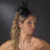 Black Feather Swarovski Cocktail Party Hat & Birdcage Veil 8366 Black Feather Swarovski Cocktail Party Hat & Birdcage Veil 8366