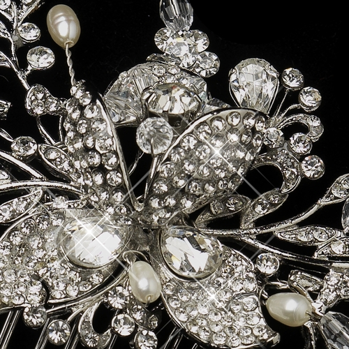 Antique Silver Freshwater Pearl, Swarovski Crystal & Rhinestone Flower and Leaf Hair Comb 757 Antique Silver Freshwater Pearl, Swarovski Crystal & Rhinestone Flower and Leaf Hair Comb 757