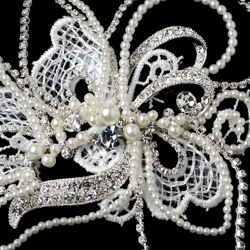 Silver Diamond White Pearl, Rhinestone & Lace Hair Clip 9631 Silver Diamond White Pearl, Rhinestone & Lace Hair Clip 9631