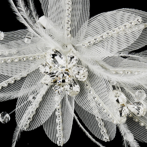 * Silver Ivory Feather, Crystal & Rhinestone Flower Hair Clip 2664 * Silver Ivory Feather, Crystal & Rhinestone Flower Hair Clip 2664