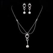 Antique Silver Ivory Pearl Drop & Clear CZ Crystal Necklace & Earrings Bridal Jewelry 9956 Antique Silver Ivory Pearl Drop & Clear CZ Crystal Necklace & Earrings Bridal Jewelry 9956