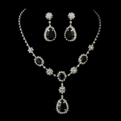 Silver Clear & Black Stone Floral Necklace & Earrings Bridal Jewelry Silver Clear & Black Stone Floral Necklace & Earrings Bridal Jewelry