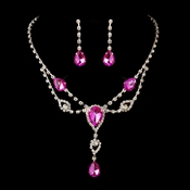 Silver Clear & Fuchsia Rhinestone Necklace & Earrings Bridal Jewelry Set 12054 Silver Clear & Fuchsia Rhinestone Necklace & Earrings Bridal Jewelry Set 12054